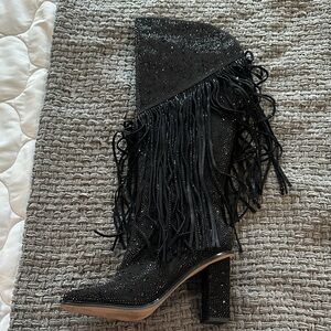 Jessica Simpson Black Sparkle Fringe Heeled Boots
